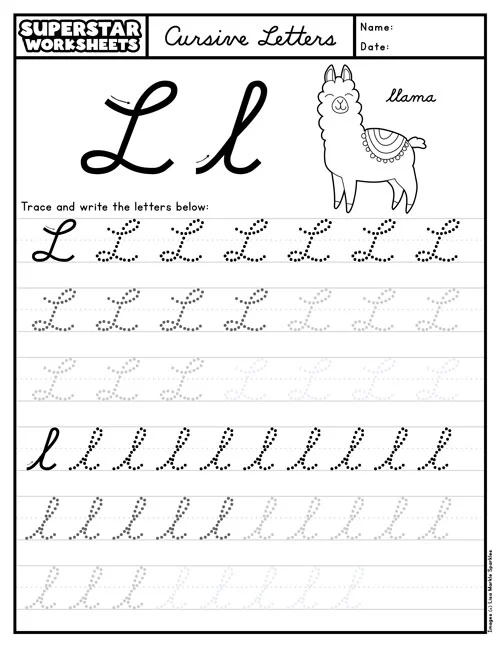 Cursive L worksheet for improving penmanship in third grade social studies Cursive L practice worksheet designed for third graders to enhance their handwriting skills