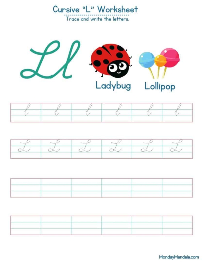 Cursive L handwriting improvement activity for social studies learners Cursive L practice worksheet designed for third graders to enhance handwriting skills
