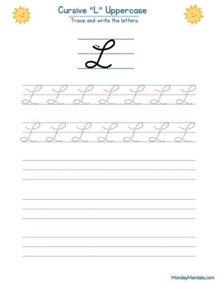 Third-grade cursive L penmanship improvement activity Cursive L handwriting practice worksheet designed for third graders