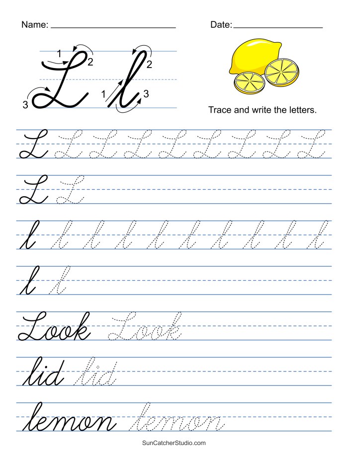 Worksheet image featuring cursive L practice for social studies students Cursive L worksheet for third graders to enhance their writing skills