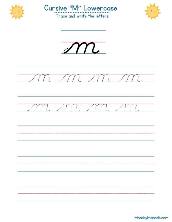Third Grade cursive M worksheet for practicing perfect cursive writing