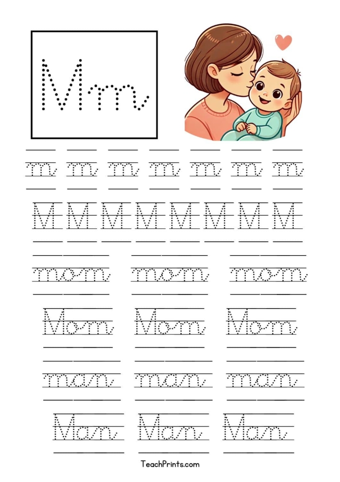 Third Grade cursive M practice worksheet with guided tracing lines