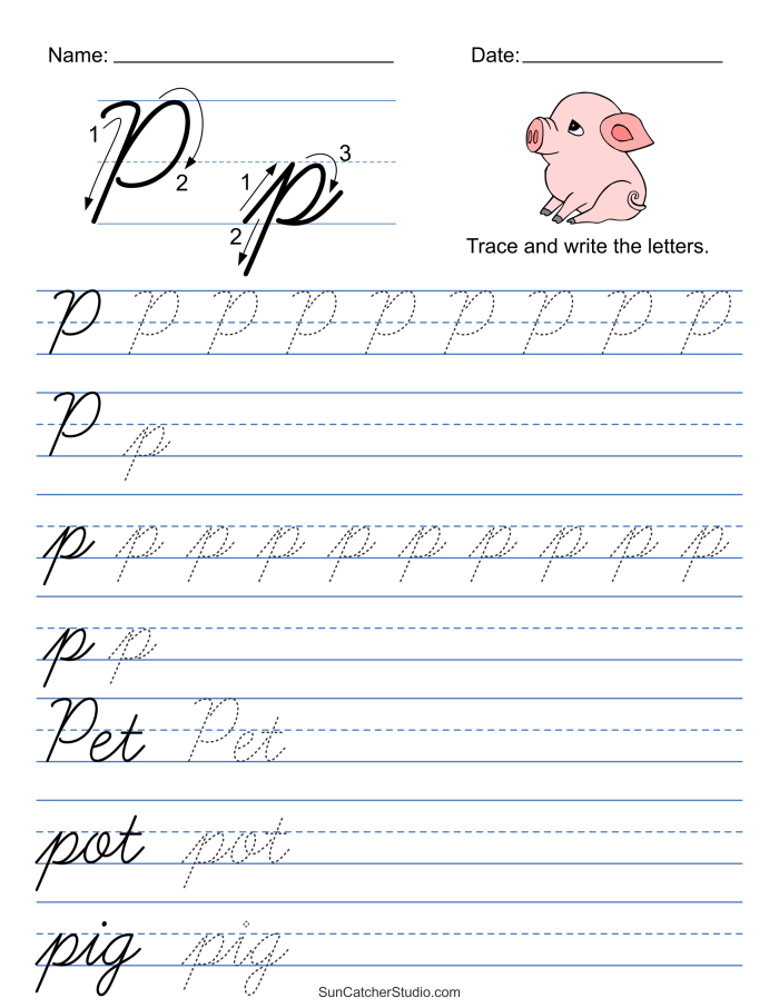 Third grade life science cursive P handwriting practice worksheet with tracing exercises