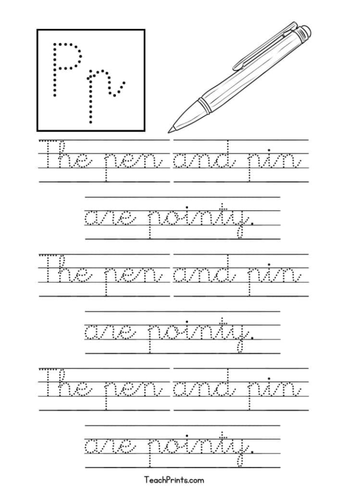 Third grade life science cursive P worksheet with writing exercises for perfect penmanship