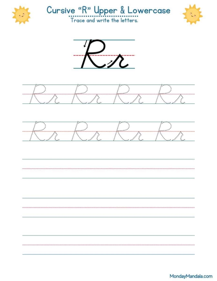 Practice writing capital and lowercase R in cursive with this engaging worksheet Cursive R worksheet featuring Rachel with her rock-themed books for third graders
