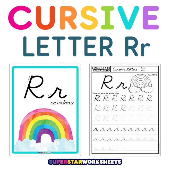 Worksheet for practicing capital and lowercase R in cursive with Rachel and her books about rocks Cursive R worksheet featuring Rachel and her rock books for third graders to practice writing R in cursive