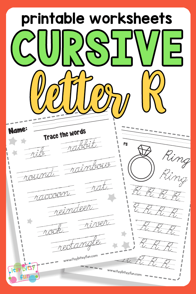 Worksheet image showing cursive practice for capital and lowercase R with Rachel and her books about rocks Cursive R worksheet featuring Rachel and her rock books for third graders to practice writing R in cursive