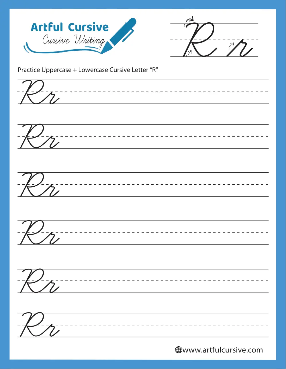Third grade writing worksheet focused on cursive capital and lowercase R with Rachel and her books Cursive R worksheet featuring Rachel and her rock books for third graders to practice writing R in cursive