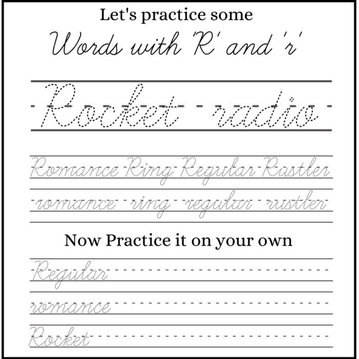 Worksheet image illustrating cursive capital and lowercase R with a fun character theme for young learners Cursive R worksheet featuring Rachel and her rock books for third graders to practice writing R in cursive