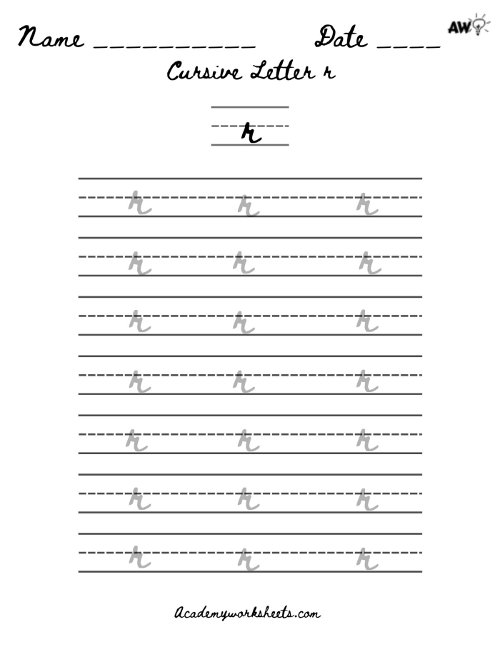Writing worksheet for Third Grade Cursive R worksheet for third graders featuring Rachel and her rock books practicing capital and lowercase letters. Third grade writing worksheet illustrating cursive R practice with Rachel and her books about rocks.