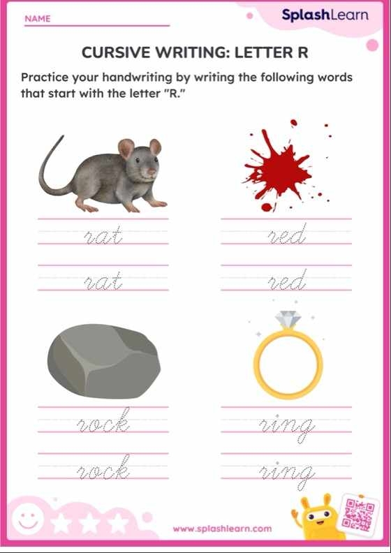 Third grade cursive writing practice worksheet with Rachel and her books about rocks Cursive R worksheet featuring Rachel and her rock books for third graders to practice writing R