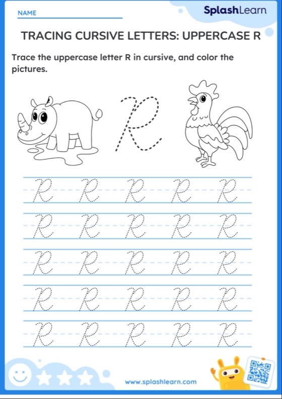 Third grade writing worksheet for learning cursive letters with Rachel and her books Cursive R worksheet featuring Rachel and her rock books for practicing capital and lowercase R