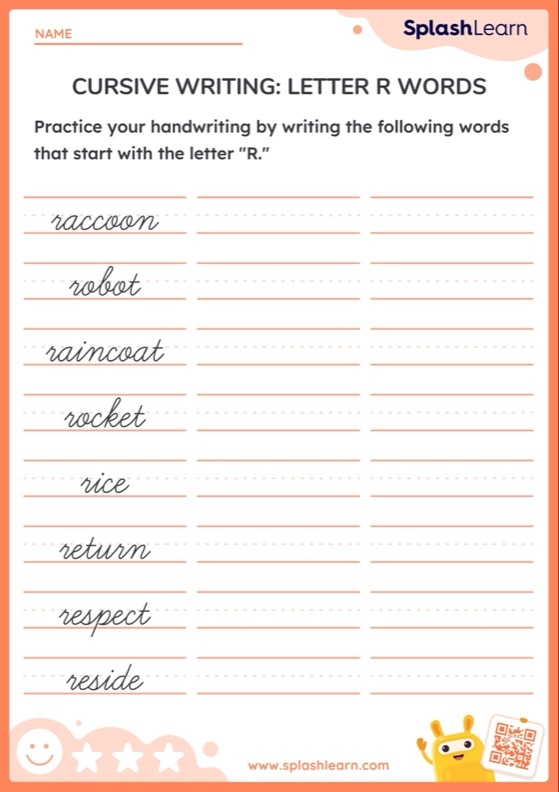 Practice writing capital and lowercase R in cursive with this engaging worksheet illustration Cursive R worksheet for third graders featuring Rachel and her rock books for writing practice