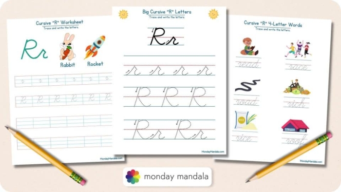 Third grade writing worksheet focusing on capital and lowercase cursive R with a fun theme. Cursive R worksheet featuring Rachel and her rock books for third graders to practice writing R.