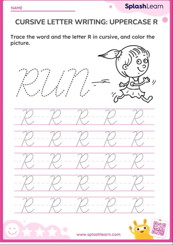 Third grade writing exercise for mastering capital and lowercase cursive R Cursive R worksheet featuring Rachel with her rock books for practicing letter formation