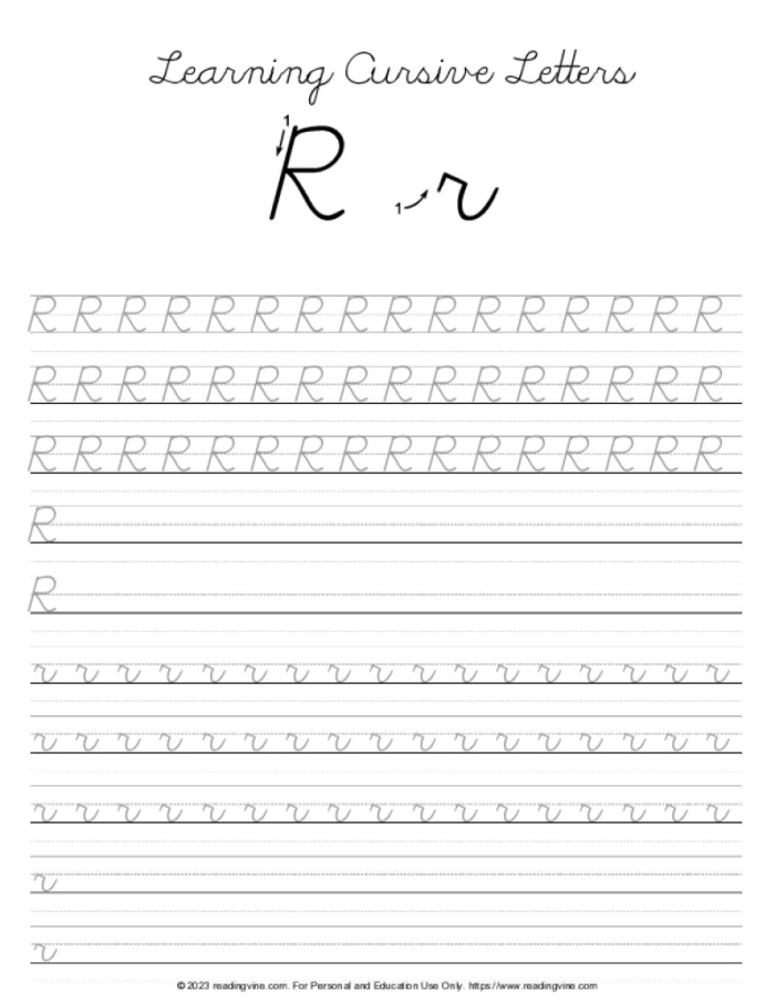 Third grade writing worksheet for cursive capital and lowercase R with Rachel and her books about rocks Cursive R worksheet featuring Rachel and her rock books for third graders to practice writing R