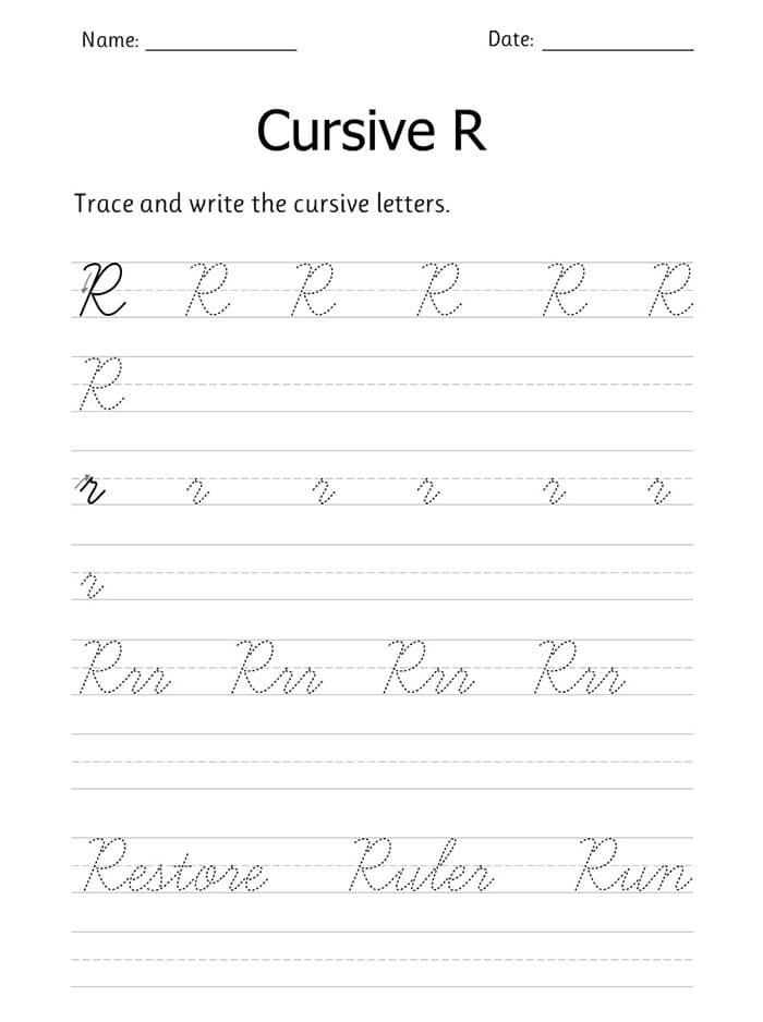 Practice writing capital and lowercase R in cursive with this engaging activity Cursive R worksheet featuring Rachel and her rock books for third graders