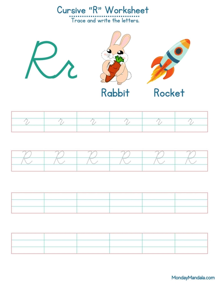 Third grade writing worksheet to help students learn cursive capital and lowercase R with Rachel's books about rocks Cursive R worksheet featuring Rachel and her rock-themed books for third graders to practice writing R in cursive