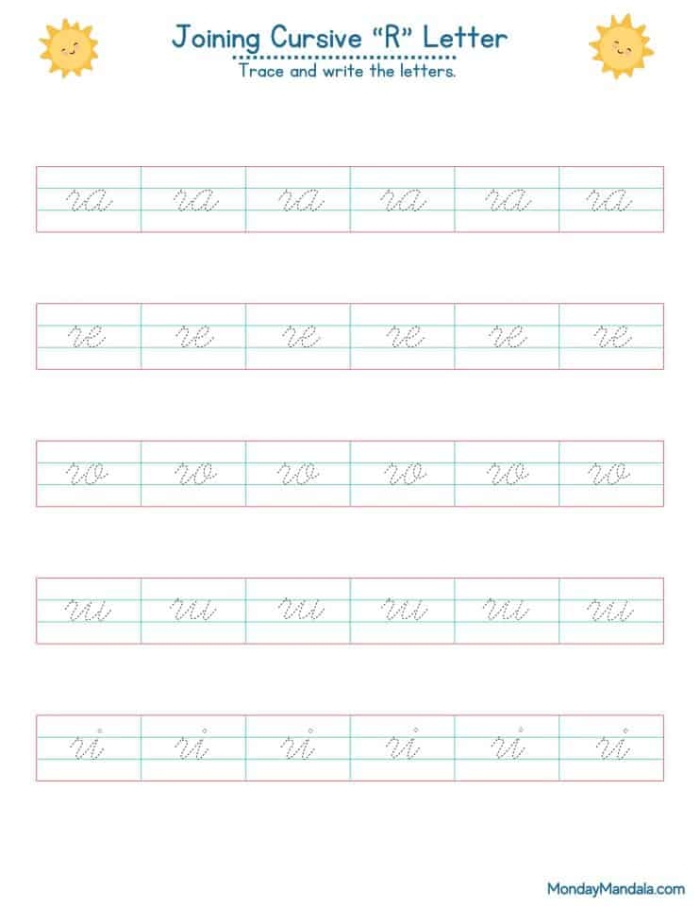 Practice writing capital and lowercase R in cursive with Rachel's fun worksheet Cursive R worksheet featuring Rachel and her rock books for third graders' practice