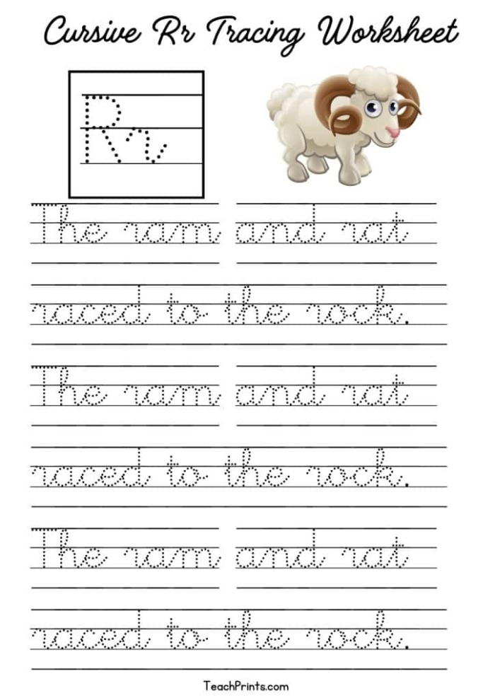 Third grade writing worksheet showcasing cursive capital and lowercase R with Rachel and her books on rocks Cursive R worksheet for third graders featuring Rachel and her rock books to practice writing R