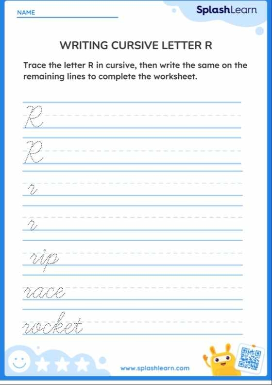 Worksheet for practicing uppercase and lowercase cursive R with Rachel and her books about rocks Cursive R worksheet featuring Rachel and her rock books for third graders to practice writing R