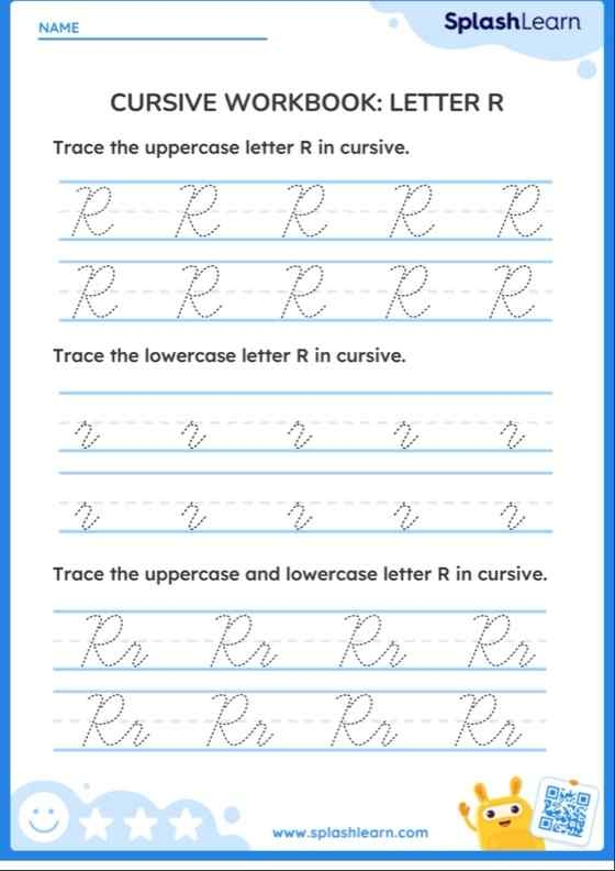 Third grade writing worksheet for practicing cursive capital and lowercase R with Rachel and her rocks Cursive R worksheet featuring Rachel and her rock books for third graders to practice writing R