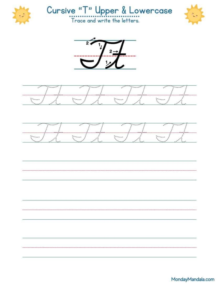 Worksheet featuring Tommy and his tomatoes for practicing cursive capital and lowercase "T" letters