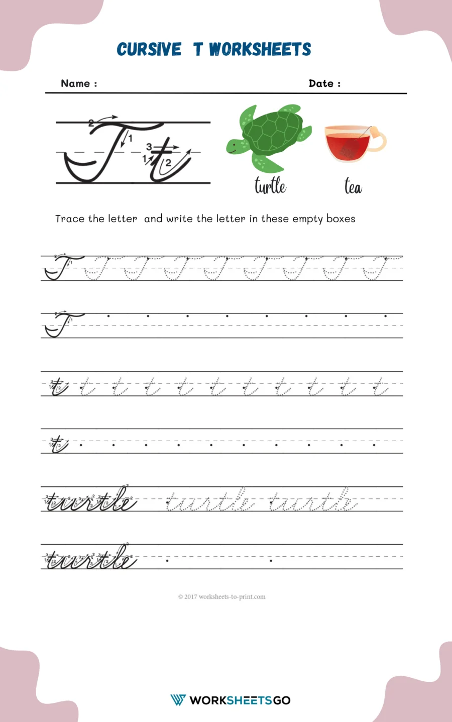 Cursive T worksheet featuring Tommy and his tomatoes for third graders to practice writing T in cursive