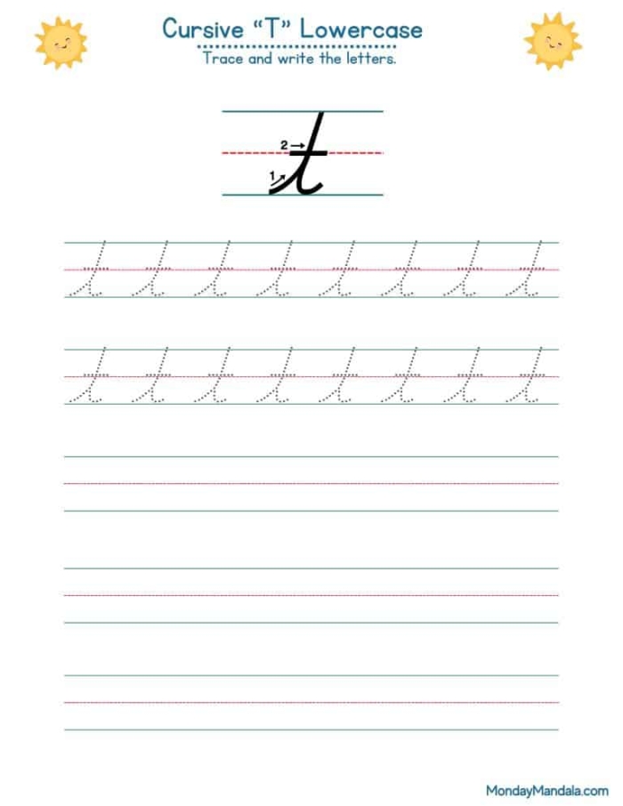 Worksheet featuring Tommy and his tomatoes for practicing cursive "T" for third graders
