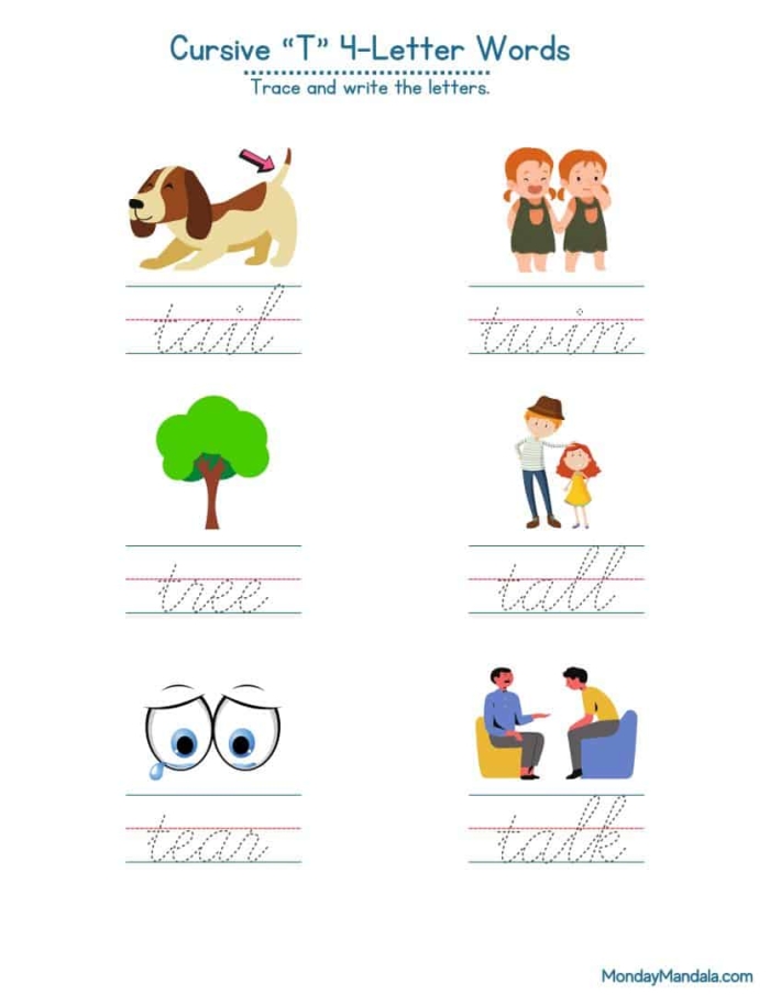 Cursive T worksheet featuring Tommy and his tomatoes for practicing lowercase and uppercase "T