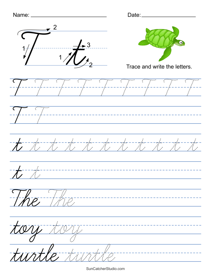 Cursive T worksheet featuring Tommy and his tomatoes for practicing capital and lowercase "T