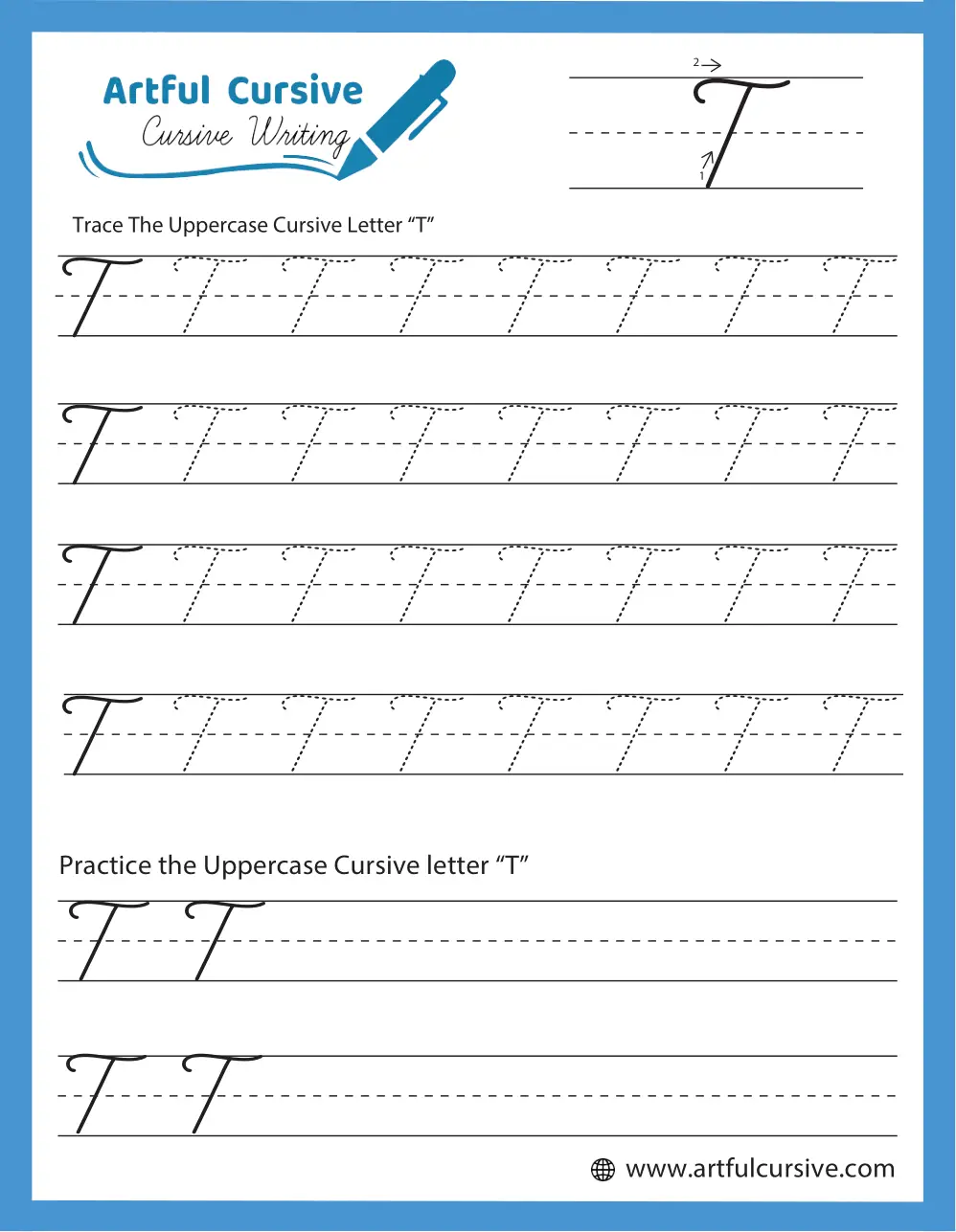 Tommy and his tomatoes guide third graders in practicing cursive capital and lowercase "T" on this worksheet. Cursive T worksheet for third grade writing practice.