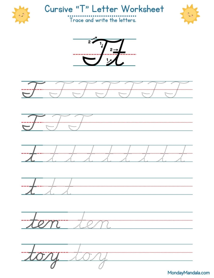 Cursive T worksheet featuring Tommy and his tomatoes for practicing capital and lowercase "T