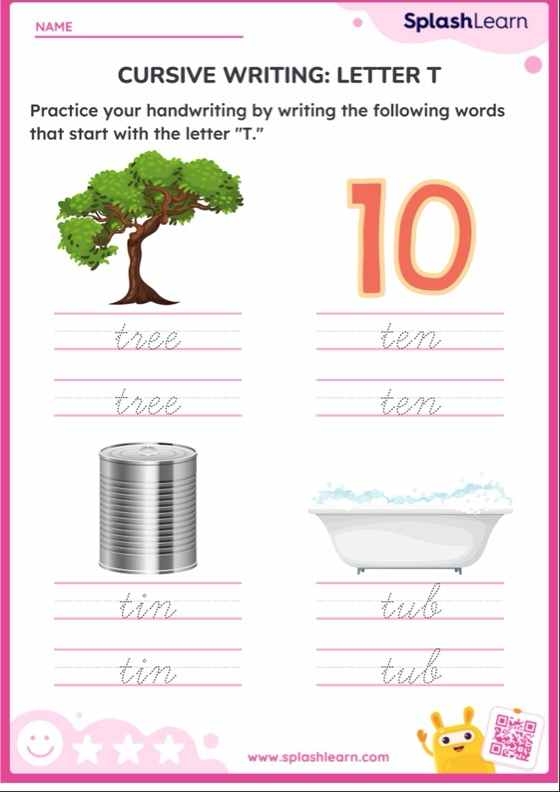 Cursive T worksheet featuring Tommy and his tomatoes for practicing capital and lowercase "T
