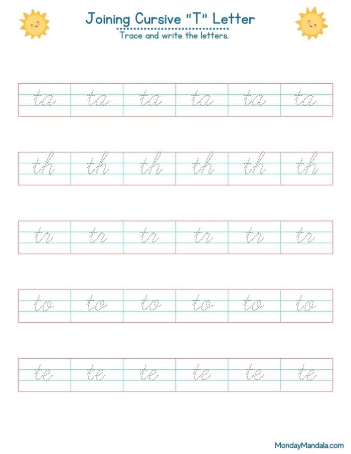 Cursive T worksheet featuring Tommy and his tomatoes for practicing capital and lowercase "T