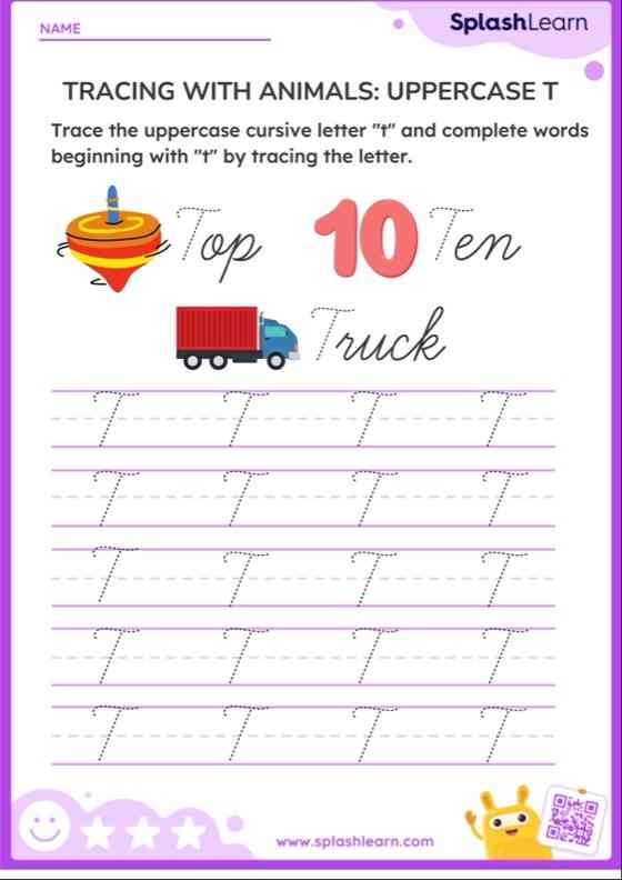 Cursive T worksheet featuring Tommy and his tomatoes for practicing capital and lowercase "T