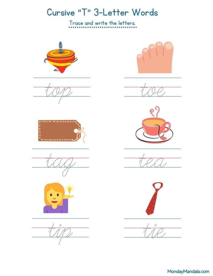 Cursive T worksheet featuring Tommy and his tomatoes for practicing lowercase and capital T in third grade