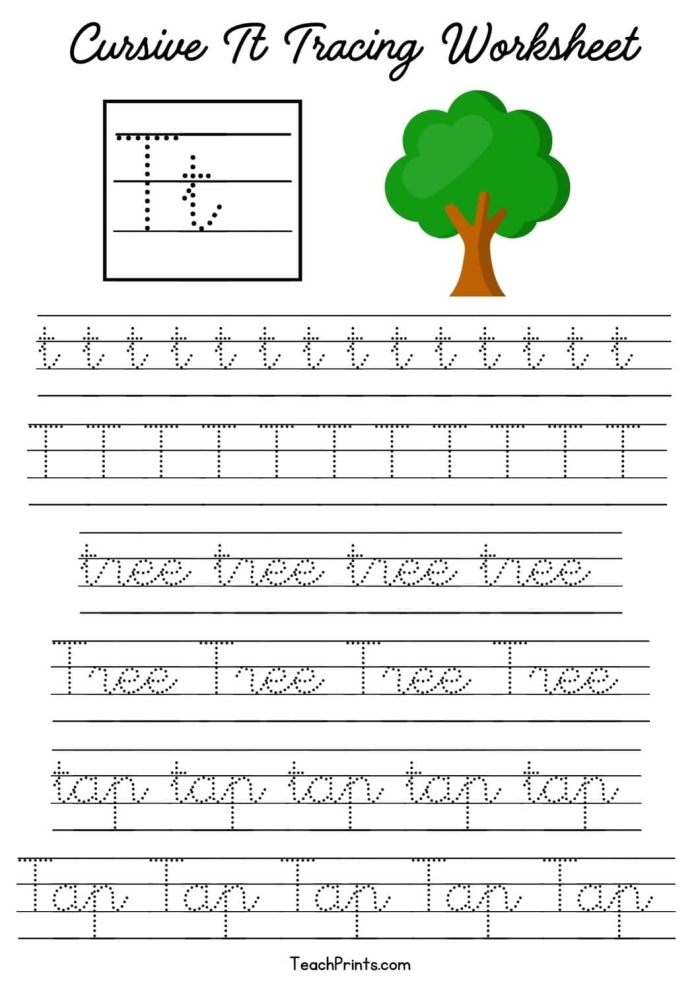 Cursive T worksheet featuring Tommy and his tomatoes for third graders to practice writing T's