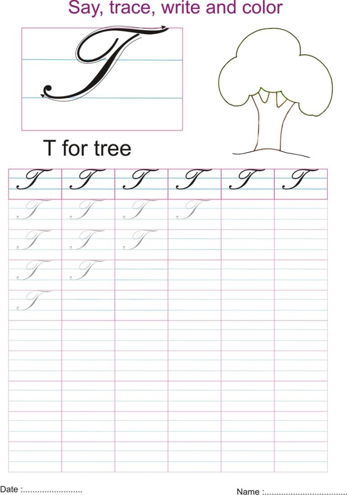 Cursive T worksheet featuring Tommy and his tomatoes for practicing capital and lowercase "T" in third grade. Fun cursive writing practice with Tommy's tomatoes for third graders.