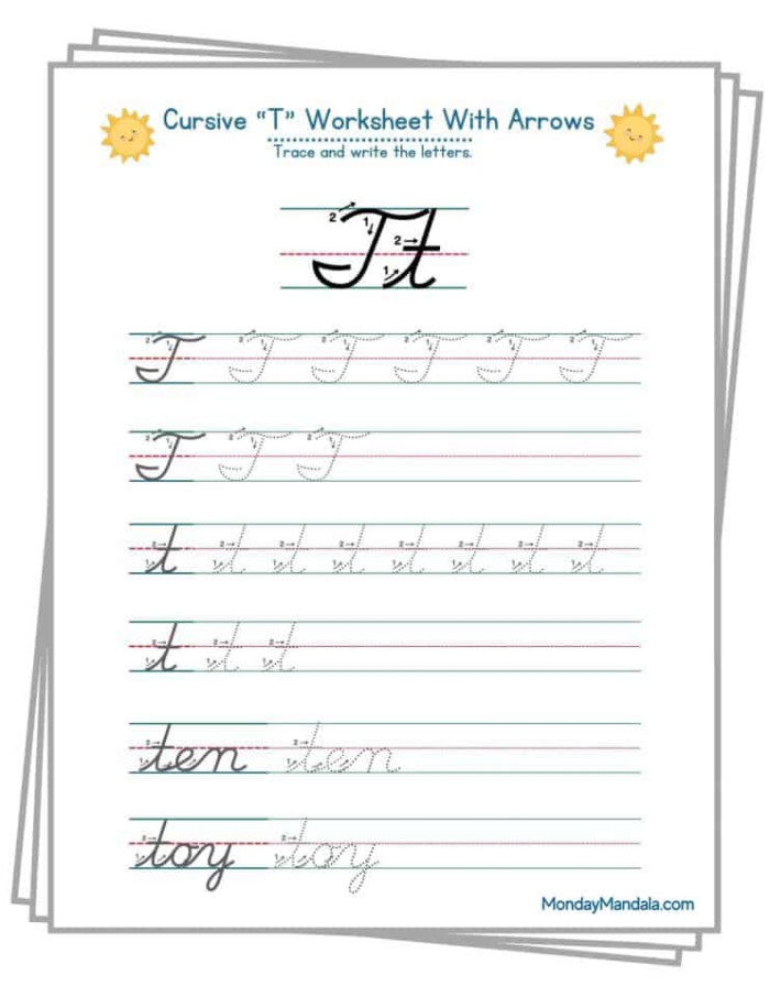 Cursive T worksheet featuring Tommy and his tomatoes for third graders to practice writing capital and lowercase "T
