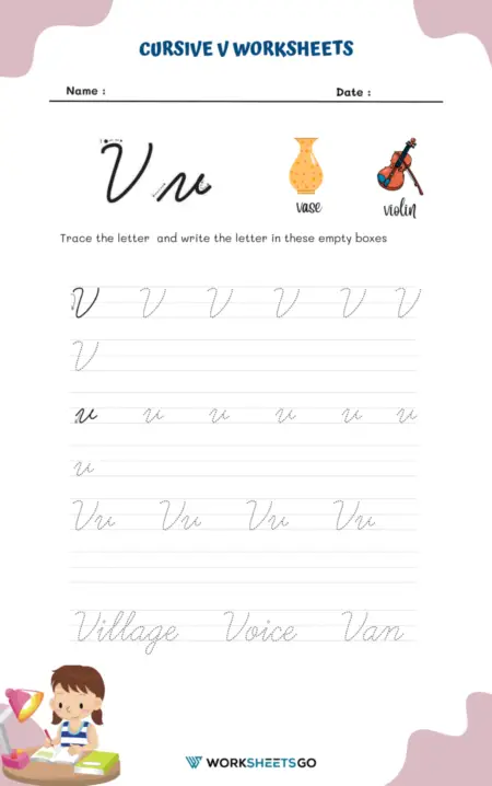 Handwriting worksheet for Third Grade Cursive V worksheet for Third Grade