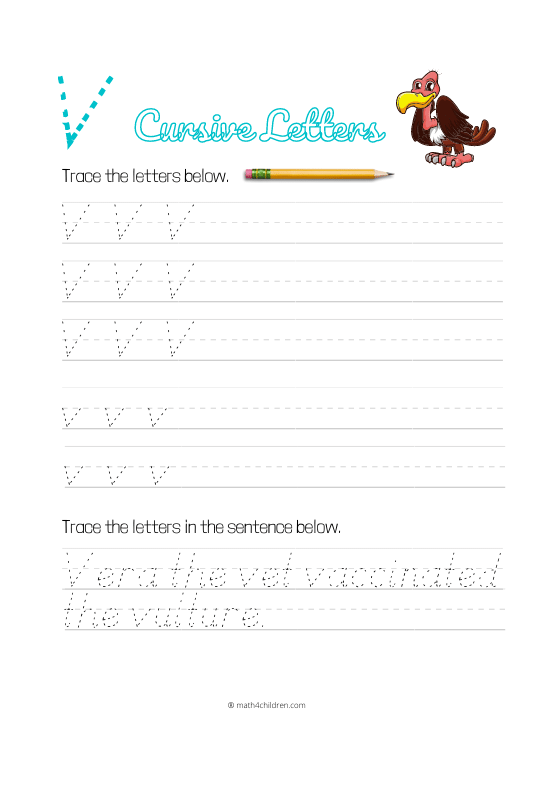 Handwriting worksheet for Third Grade Cursive V worksheet for Third Grade