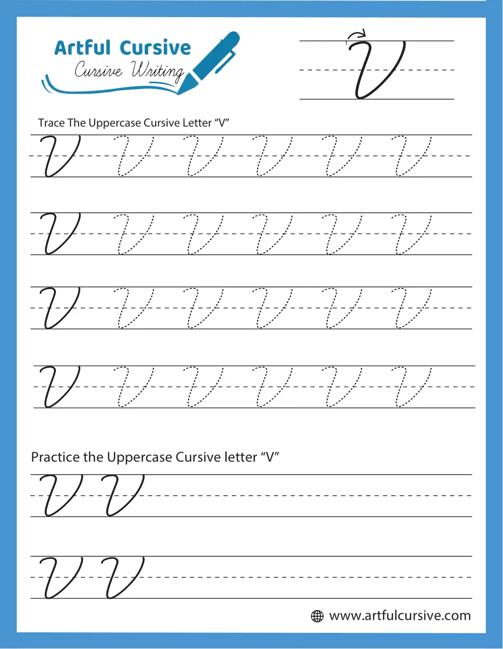 Handwriting worksheet for Third Grade Cursive V worksheet for Third Grade