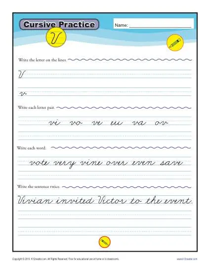 Handwriting worksheet for Third Grade Cursive V worksheet for Third Grade