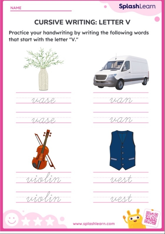 Handwriting worksheet for Third Grade Cursive V worksheet for Third Grade