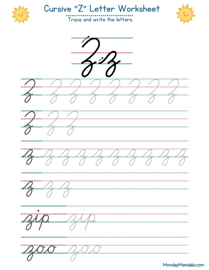 Cursive Z writing worksheet with a zoo theme for third graders, image 7 Third grade cursive Z worksheet featuring Zach and a zebra for writing practice