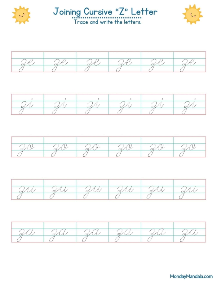 Cursive Z writing practice with Zach and a zoo zebra for third graders on worksheet eight Third grade cursive Z worksheet featuring Zach and a zebra practicing writing capital and lowercase Z