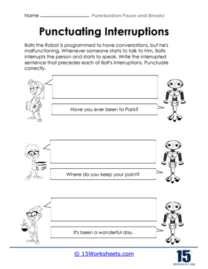 Practice worksheet on placing one or two dashes to show breaks for eighth graders Eighth grade phonics worksheet for using dashes to indicate pauses in sentences