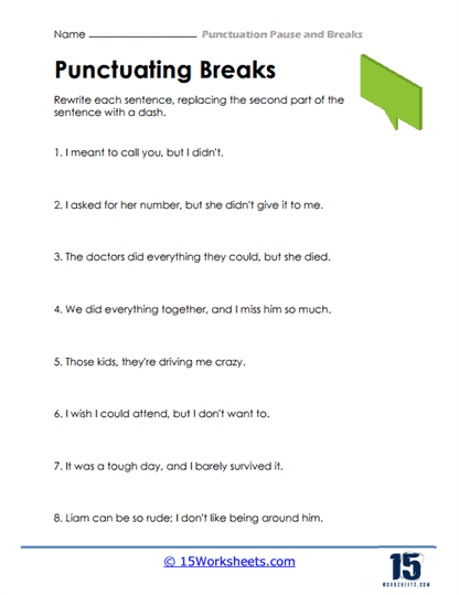 Use a Dash to Indicate a Pause exercise for eighth graders with instructions on dash usage Eighth grade phonics worksheet practicing correct dash placement for pauses in sentences