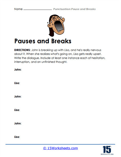Practice worksheet number 7 for placing one or two dashes to indicate breaks in text Eighth grade phonics worksheet for using dashes to show pauses in sentences